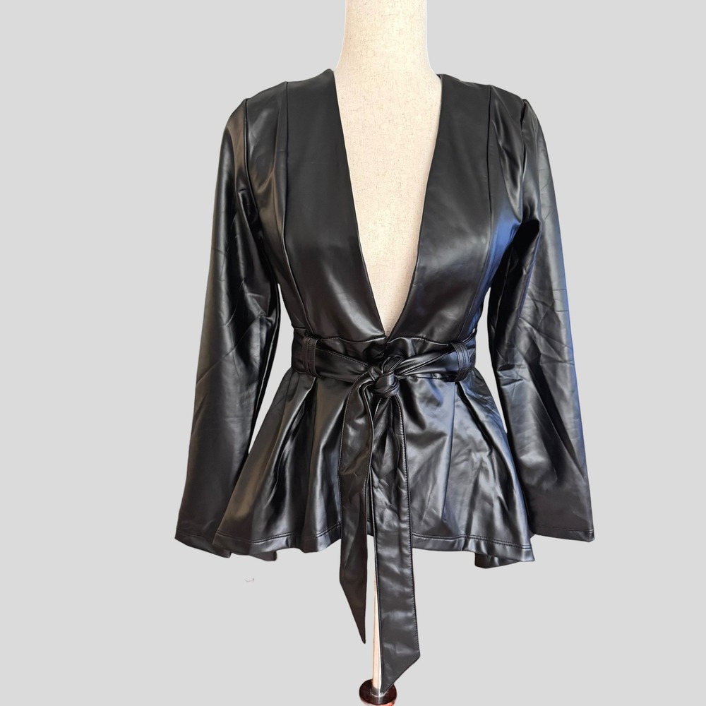 Chocolate USA Black Faux Leather Peplum Belted Jacket Small NWT Edgy Goth Matrix